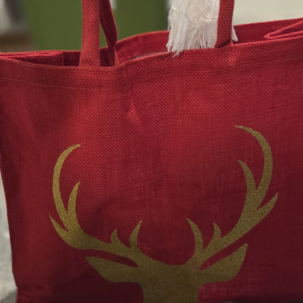 Red Tote Bag with Gold Reindeer Design